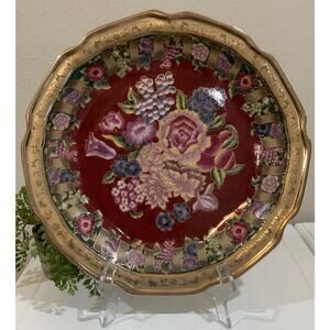 Vtg Oriental Accent Flower Floral Red Gold Decorative Plate Wall Hanging 12 1/8”